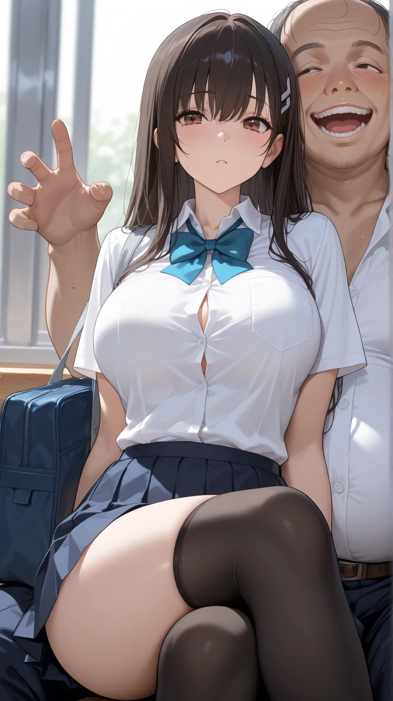 (grabbing another's breasts, disembodied limb, grabbing from behind), (One girl), highest quality, Super detailed, masterpiece, Ultra-high resolution, 8k, Ridiculous, Cowboy Shooting, Focus on the girl, Embarrassing, blush, Lovely, Close one eye, With tears in her eyes and her mouth open, What saliva leaves behind, Wet skirt hem, (Sticky panties:1.1), Bulging of the vibrator cord, Vibrator with Garters, cleavage, Classroom Background, (Tifa Lockhart:1.1), The skirt is accidentally exposed,medium breasts, Accidentally exposed panties