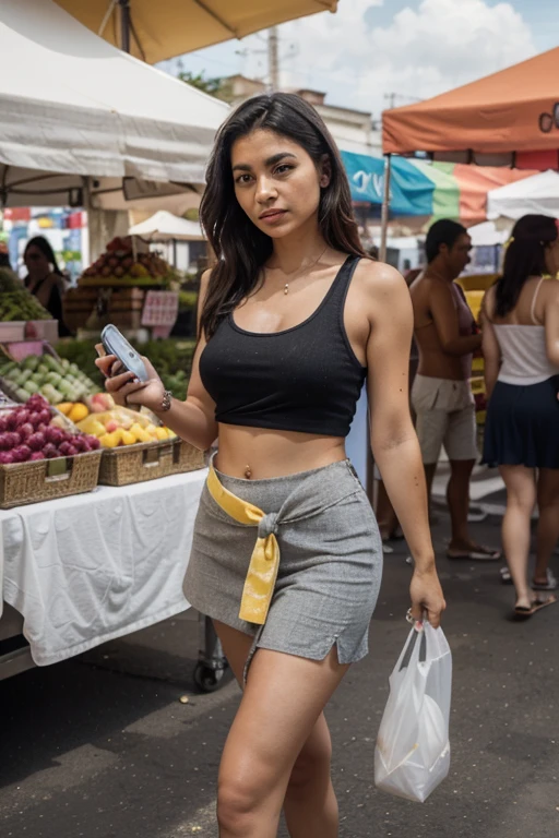 a cute girl in underwear appeared that sunny afternoon outside the natural food market, her ombre hairstyle, whisps of hair frame her face, soft natural skin, from the deep dark blue shadows, she wears a Janiyah Top, a stunning Pleated Dip Dye Midi Skirt, with black roman sandals, she's elegant, playful, noticing the fresh produce, lively, she glances to the side towards me, rosy cheeks, sun-kissed, to the camera, I catch her look, she's curious, she's distracted, we vanish into the market together