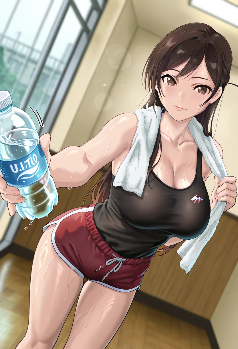 human, ((1girls)), 18 years old, beautiful, ponytail, brown hair, black eyes, black gayo outfit, Z cup breasts, tight shirt, ((brown skin)), fair body, 1m78, gym, deserted, Pov, ((Takeda Hiromitsu style)), left hand holding a towel, handing out a water bottle, smiling gently