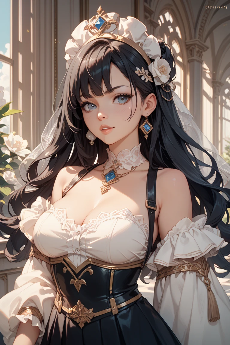 1 girl,(highly detailed skin),crooked,,beautiful breasts,big breasts,pale skin,pointed chest,????? nipples,(fantasy art,best image quality,surrealist portrait,(8K),Super realistic,最high quality, high quality, High resolution, high quality texture,high detail,beautiful,Detailed,Very detailed CG,Detailed texture,realistic expression of face,masterpiece,sense of presence,dynamic,bold),long hair,(super thin hair),(super soft hair),(ultra straight hair:1.5),long bangs shed,black hair、bangs、hair above one eye、bride、prom princess dress、Wearing a wedding dress、smile