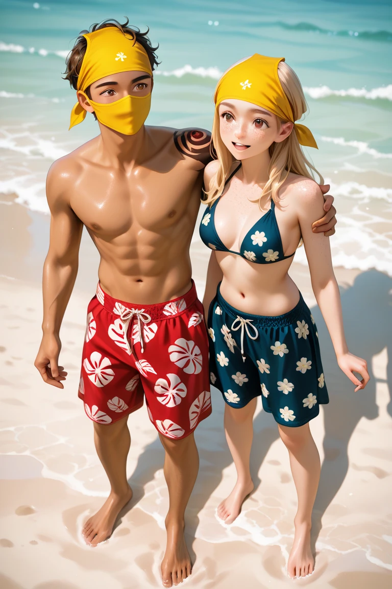 (1 boy, 1 girl,) size difference, standing next to each other, extreme height difference, attractive couple, beach, swim trunks, bikini, cute boy, teenagers, cute, young, lean boy, large breasts girl, cute boy, blonde hair boy, tall boy, short girl, cute face, young face
