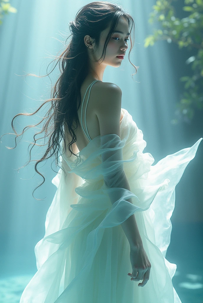 In the center of the image is the、A beautiful Japanese girl with long hair and cosmic beauty is depicted.。Her hair is black、It is tied in a ponytail at the back。Her expression was quiet、It creates a meditative atmosphere。I have my eyes closed.、The calm appearance is impressive.。
She wears an intricate and delicate bodysuit。The bodysuit is made of pale white and transparent material.、It features flowing lines。
The background is painted in a simple pale green tone.、It highlights her figure。The background has a transparent fluid effect.、It creates a fantastic atmosphere as if you were underwater.。These fluids take on complex shapes.、It reflects light and shines brightly。
The use of light is also very clever.、The light reflecting off her skin and bodysuit is beautifully rendered.。The reflection of light combined with the transparent fluid、It creates a very fantastic effect。
as a whole、This image depicts a woman of elegant and mysterious beauty.、Gives a strong visual impact to the viewer。Her serene expression and flowing dress、And the transparent effect in the background blends in beautifully.、It offers a highly engaging visual experience。This work is packed with fantastical and artistic elements that users love.。