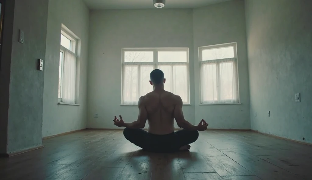  man with short and straight red hair,  in a meditation pose with closed eyes and hands in prayer, wearing light blue pants and no shirt, showing defined abdominal muscles. The image should depict the entire body realistically in a meditation position within a completely white temple setting, featuring white flooring, white stone walls, a white ceiling, and white columns.
