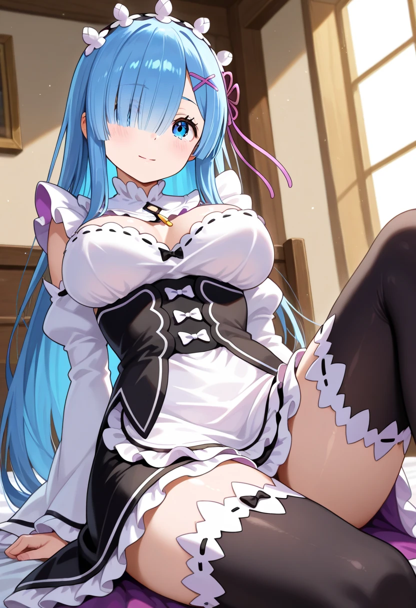 rem, Re:NULL, A high resolution, ultra detailed,((pixel perfect, perfect in detail))), aboutдин, 1 girl,  REM sleep, Roswaal Mansion Maid Uniform, maid headdress, Looking at the viewer, smile, ., High view, particles and hard light, cut corner. depth of field、natural soft light、professional lighting、aboutтличная smile、(highly detailed skin: 1.2)、Photorealistic render of an anime girl、Bright highlights of the eyes、Ideal Anatomy、Crotch open、shy、legs spread、Panties visible、Shiny body, oily, erectile nipple))、permission 8k、complex parts、Toned waist、Wide buttocks、Эффект Тиндаллаmasuter piece、top quality、Highest standards、Highest image quality、table、complex parts、A high resolution、depth of field、natural soft light、professional lighting、about, standing, very long hair, cowboy shot, brilliant, brilliant hair, (night:1.2),Dreamy, [[gentle fingers and hands:0.55]::0.85],(detailed fingers),),(emotional),(breathtaking),(main part:1.2) whole body.), (Anime Style), (Super Detailed), (brutal), (uhd, HDR), (8K), (High Resolution: 1.2), (Complex and Beautiful: 1.2)