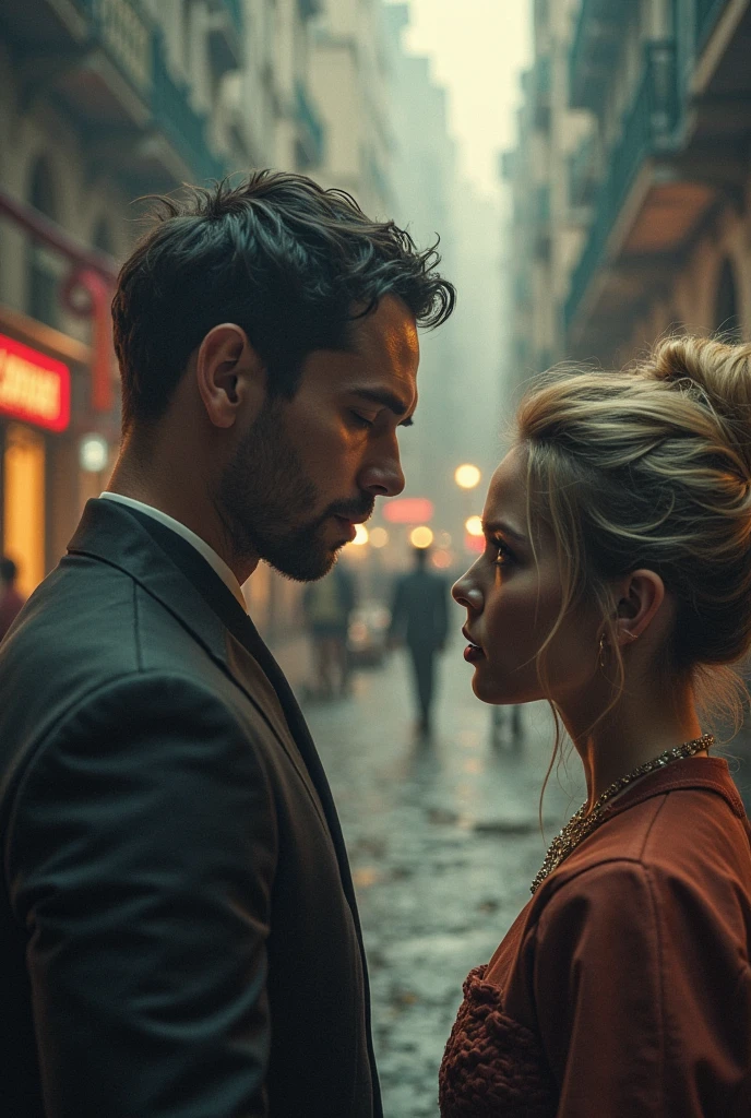 (photorealism:1.2), a man and a woman, man with black hair and amber eyes, woman with braided blonde hair and green eyes, perfect face, beautiful woman, muscular man, fair skin, hate each other.