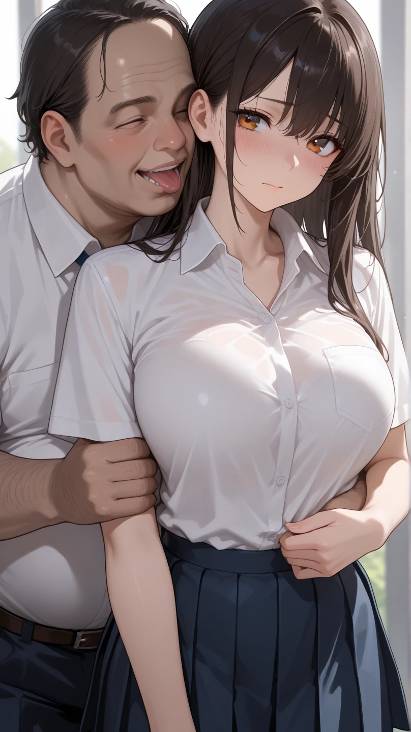 ((table top, highest quality, High resolution, perfect pixel, 4k))), 1 girl, single, alone, beautiful woman、I could see the whole body、 ((middle wave hair, bangs, brown hair)), ((brown eyes, beautiful eyelashes, realistic eyes)), ((detailed face, blush:1.2)), ((smooth texture:0.75, realistic texture:0.65, realistic:1.1, Anime CG style)), big breasts, dynamic angle, perfect body, ((black skirt, plaid skirt)), city stairs、Looking up from the bottom of the stairs、Very embarrassing panic smile, looked back、lean forward、(The wind flipped my skirt and exposed my butt.、touch your butt with both hands)、(((topless、pussy、no panties)))、nipple、((pussyに挿入、Semen dripping from the vagina、Creampie))、(((((having sex with a man)))))、sexually seducing me