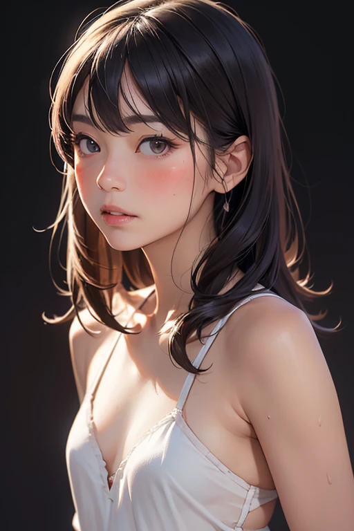 (((Upper body shot，Close-up photo)))、(((Shoulder-length brown straight hair，With bangs，Bun hairstyle)))、(((Against a light interior background)))、(((White summer chiffon shirt)))、18 years old、angry girl、D cup breasts、Protruding dot on chest、Light eye makeup、Ultra-realistic faces、High resolution 16K、Skin texture must be natural、Use natural light and color、 High-quality photos taken by model agencies.
