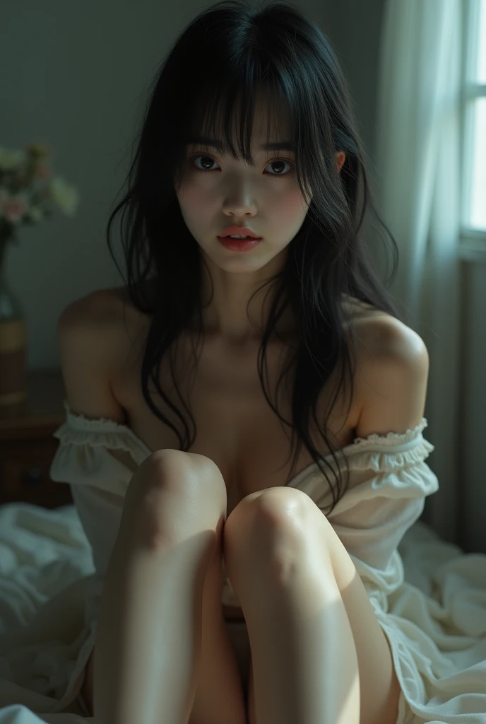 a beautiful japanese girl, very cute high school girl assassin, detailed portrait of innocent 16 years old virgin, (midnight, bedroom of the lord's manor:1.2),(shouting a spell, a lot of smoke coming from her, releasing power:1.3),(attack stance, gathering magic in the palm, blush, cheerful, open mouth, full-nude:1.3),(demon of legend summoning a spider in the room:1.3),((cold sweat, body soaked in sweat:1.1)), translucent skin, cute double eyelids and black eyes, beautiful small breasts, attractive thighs, glossy straight medium black hair, asymmetrical bangs, dark fantasy, ((best quality, 4k, 8k, highres, masterpiece, ultra-detailed, realistic, photorealistic, photo-realistic, intricate detail, highly realistic:1.3)), dramatic lighting, muted color palette, cinematic composition, emotional portrait