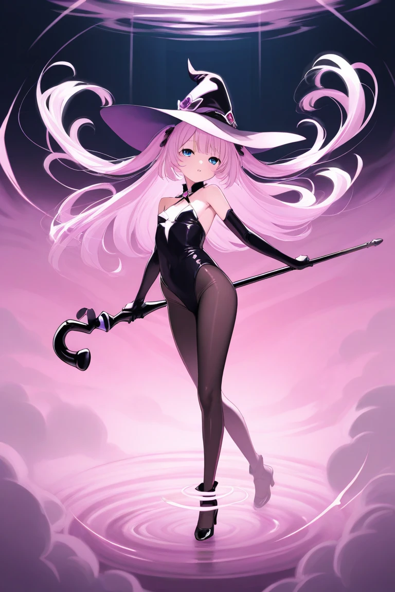 A stunning anime girl wearing a sexy, form-fitting black witch outfit with a deep v-neck, and a short witch's hat. The girl has long silver-white hair and bright blue eyes. She has pale, smooth, soft skin, a small pink mouth, and a small, upturned nose, looking directly at the viewer in a seductive way. The girl is tall and slim, with long black heels. She is a bit curvy, with full, perky breasts and a defined waist, but not in a oversexualized way. She is the epitome of beauty and attraction~