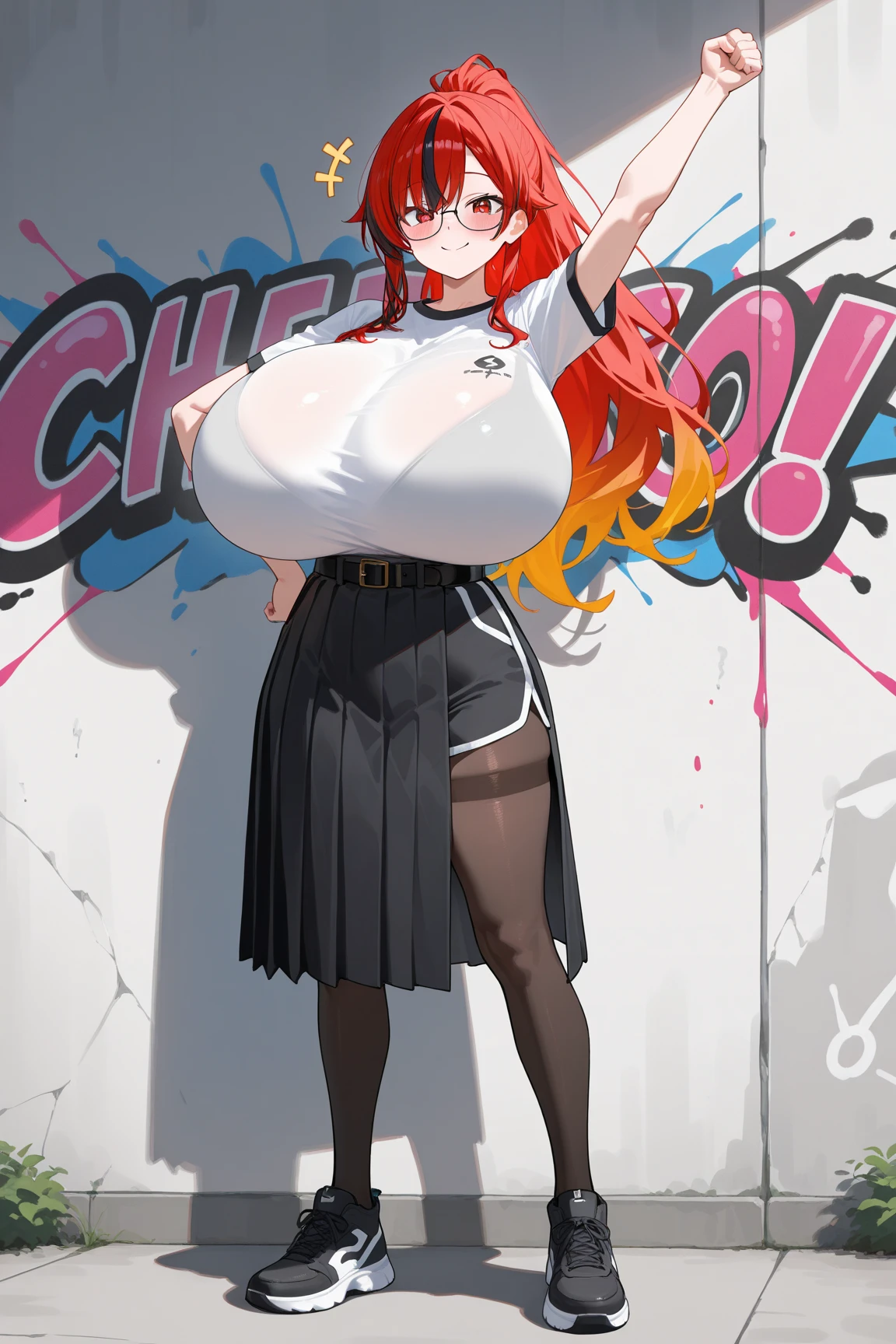 (masterpiece, best quality:1.2) best quality, focus, a closeup of a cartoon of a woman, girl design, portrait, giesha, anime image, long hair, red hair, heterochromia eyes, hair covering horns, demon horns, shy and sad look, sport tank red bra, blue jeans, sneakers, round thick giant breasts, hands in pocket, ((huge breasts)), ((large breasts)), ((enormus breasts)), bandage over one eye, full body, anime style, masterpiece, highres