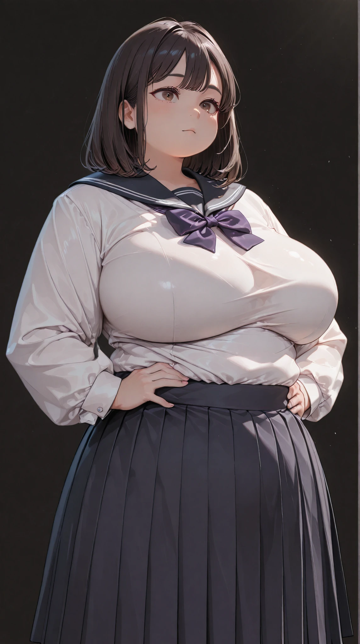 Shelley Gee, (masterpiece, top quality, high resolution: 1.2), , Alone, brown eyes、Fix Problems、Super Big Boobs、big waist、Cylindrical Body、No facial expression、  jet black background  、dark hair、Obese 、bang、plump body、
Moving Pose、Big breasts、leotard、
medium hair、
bow tie、pleated long skirt、black sailor suit tops、Angle taken from below