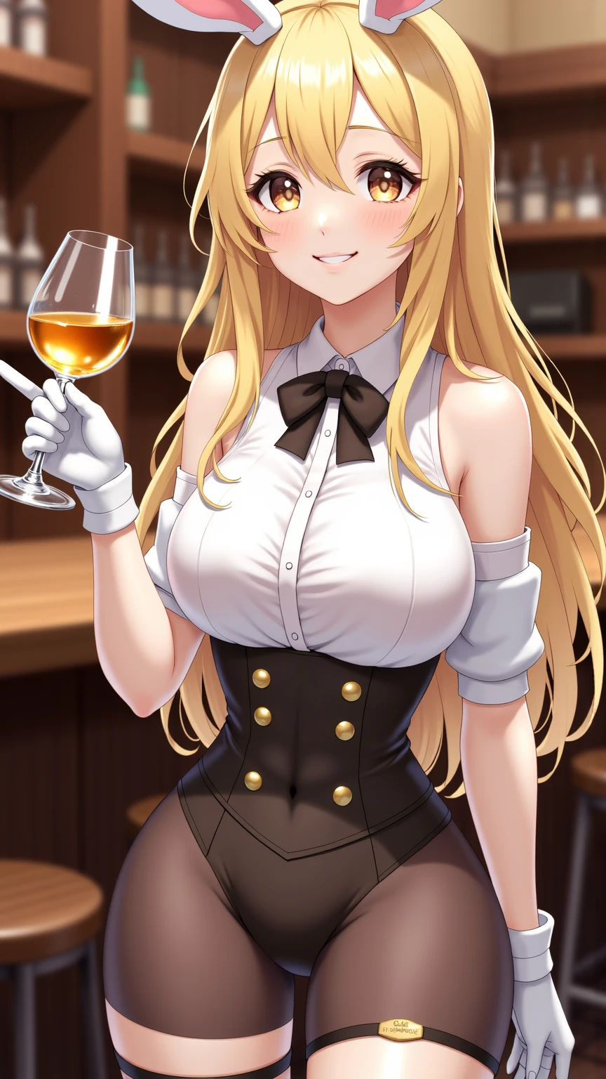 a sexy bunny girl who is posing in leather outfit and boots, holding a glass, 1girl in, breasts, Solo, Playboy Bunny, Detached collar, pantyhose, Rabbit ears, Bow, Blonde hair, Leotard, Animal ears, Blue eyes, yellow leotard, bowtie, Looking at Viewer, Bare shoulders, Covered navel, Long hair, Large breasts, Fake animal ears, Holding, Smile, cleavage, highleg leotard, cup, Rabbit tail, tail, Strapless, Closed mouth, highleg, thighs thighs thighs thighs, strapless leotard, Cowboy Shot, fake tail