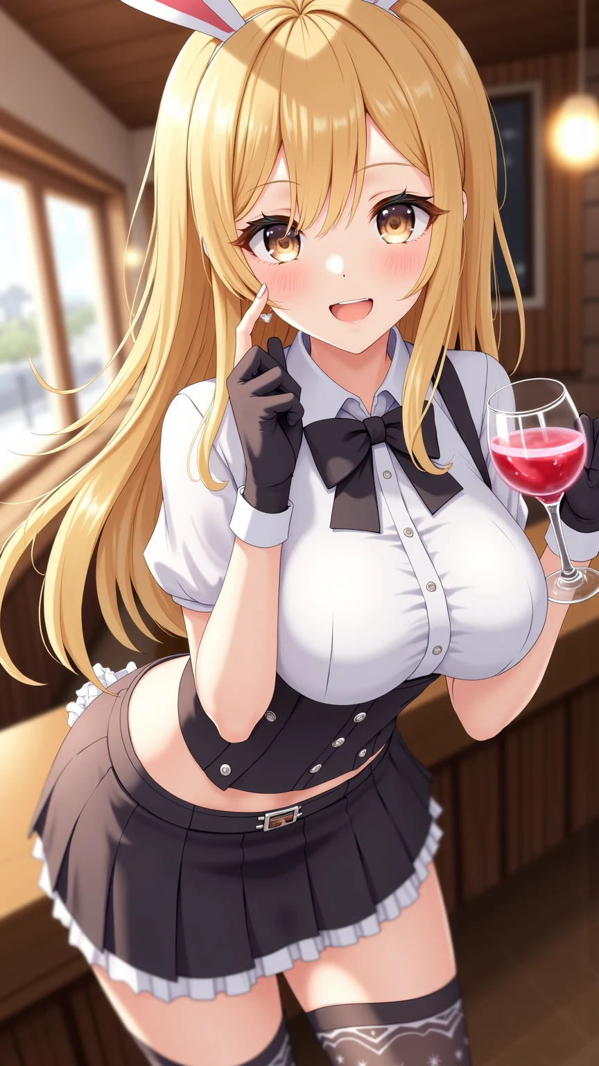 masterpiece, {{{{Highest quality}}}}, beautiful, 1girl, blonde_hair, facing at viewer,looking at viewer,{{(embarrassed)}}, {waitress}, skirt, garter belt, {{Restaurant}}, {{indoor}},