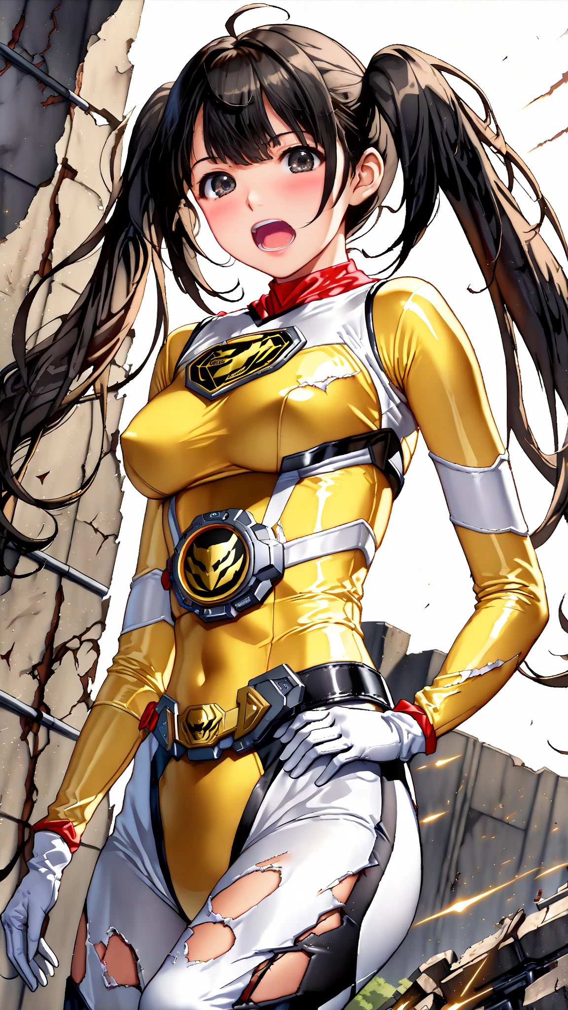 detailed hand, best quality, ((weapon, lance), yellow clothes), outside, (pink eyes), looking at viewer, 1girl, solo, brown hair, striped, fur collar, fur bracelet, (center opening, breastplate), puffy short sleeves, puffy shorts, leg warmers, heels, double buns, long hair, <lora:suzumebachiLora-10-v11:0.6>