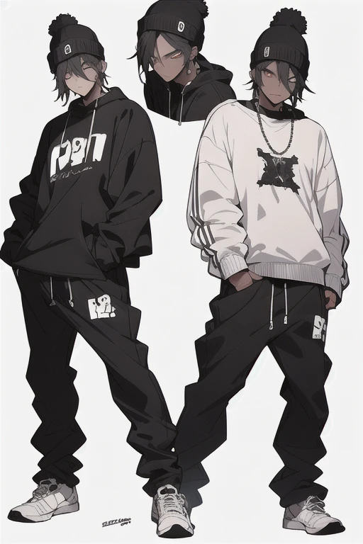 A boy with short hair, bangs that cover the eyes, fluffly, and blushed, de 16 anos, with a big, baggy sweatshirt with a skull print, wearing short shorts, and an effeminate male body with black, dark blue hair, cor da pele, pale white