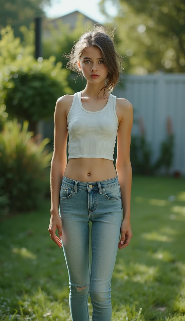 Actress Keira Knightley? 8k, ultrarealistic, full body view, nsfw, wearing: blue oversized jeans, no shoes, cropped top. She smiles. Want to give a blowjob, barefoot, outside, public, cute, 