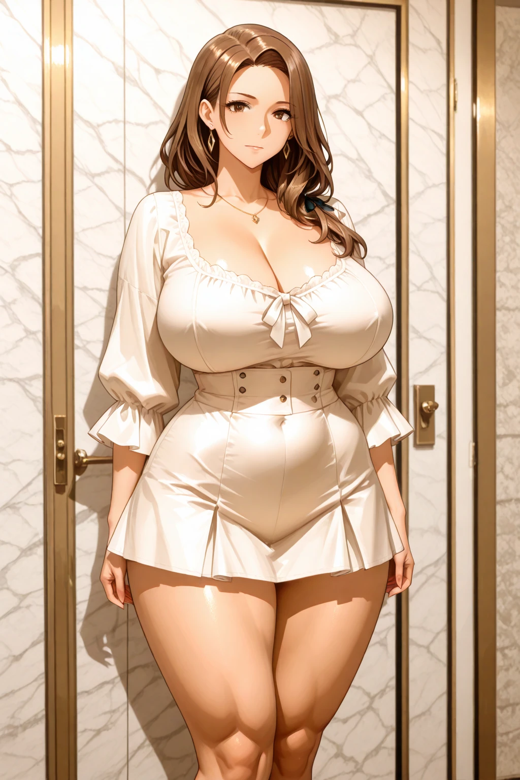 masterpiece, (photorealistic), (8K wallpaper) , (Best quality), perfect quality, One, (detailed eyes), woman,Librarian, Brunette hair, very beautiful, mature, 40 years, inside: (sexual inside bedroom standing), Face : Librarian, small smile, mature, very beautiful Face, plump Face, round Face, adult, plump cheeks, small smile, very beautiful, cute Face, young, short brunette hair, big eyes) , figure: ( very full body, very full figure, very thicc, very thicc, thicc, soft belly, soft belly bottom, big deep navel, Very soft, Very seductive, thicc buns, sexual curves, wide hips, thick thighs, fat ass, sexual, massive soft breasts, Cupcake top, very thicc thighs, thick thighs, incredibly wide hips) , cloth : (bodycon silver, tight-fitting closed-blouse strained-buttons closed blouse, pants) curly brunette hair