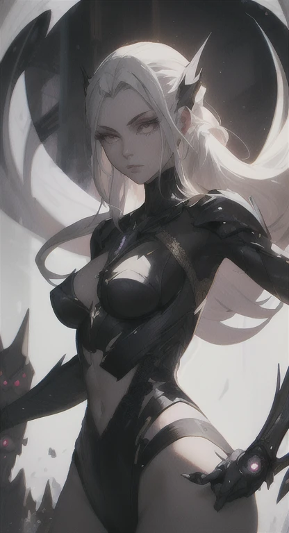 As a dark elf rogue, she wore tight-fitting clothes that allowed her to move quickly and quietly, a black bodysuit and pants that clung to her figure, with leather gloves and boots. The suit was sleeveless, revealing her lean but muscular arms, and had several pouches and pockets hidden in the fabric. Her face was covered by a sleek, black mask that left only her eyes visible, which were currently wide and surprised. Despite her startled expression, she held a sort of quiet confidence, as if knowing she could handle whatever situation she was in.With her newly darkened skin and silver hair, her appearance was striking and otherworldly. Her features, already sharp and angular, had an exotic edge to them now, and the silver of her hair gleamed against the rich darkness of her skin. Despite her transformation, there was no denying the hint of fear and confusion in her wide, startled eyes.Even in her surprise, there was a sense of familiarity in her expression, a recognition of herself in this newly-darkened body. The sharp intelligence in her eyes was still present, even if the fear was temporarily taking over. She looked both vulnerable and powerful, a strange combination that seemed contradictory and yet entirely natural at the same time.Even as she stood there in shock, there was a sort of graceful, feline-like quality to her movements. She seemed to balance perfectly on the tightrope between caution and curiosity, her mind trying to make sense of what had happened to her while simultaneously being drawn in by the strangeness of it all.