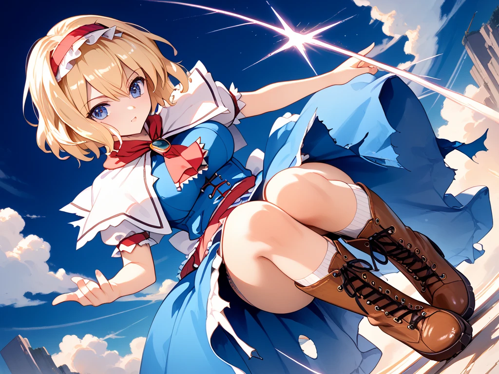 (solo:1.2), (Alice Margatroid dance up a storm alone:1.3), dancing violently, midnight, BREAK, (violently bouncing unaligned breasts:1.3), (unaligned large breasts:1.2), (hardly swaying back:1.1), BREAK, inconceivably narrow waist, slim hip, skinny long legs, BREAK, screaming, dripping tears, (nipples gushing excessive breast milk), (spreading vagina squirts out excessive pussy juice:1.3), (open mouth very wide), nsfw, BREAK, flapping short blue skirt, white capelet, blonde hair