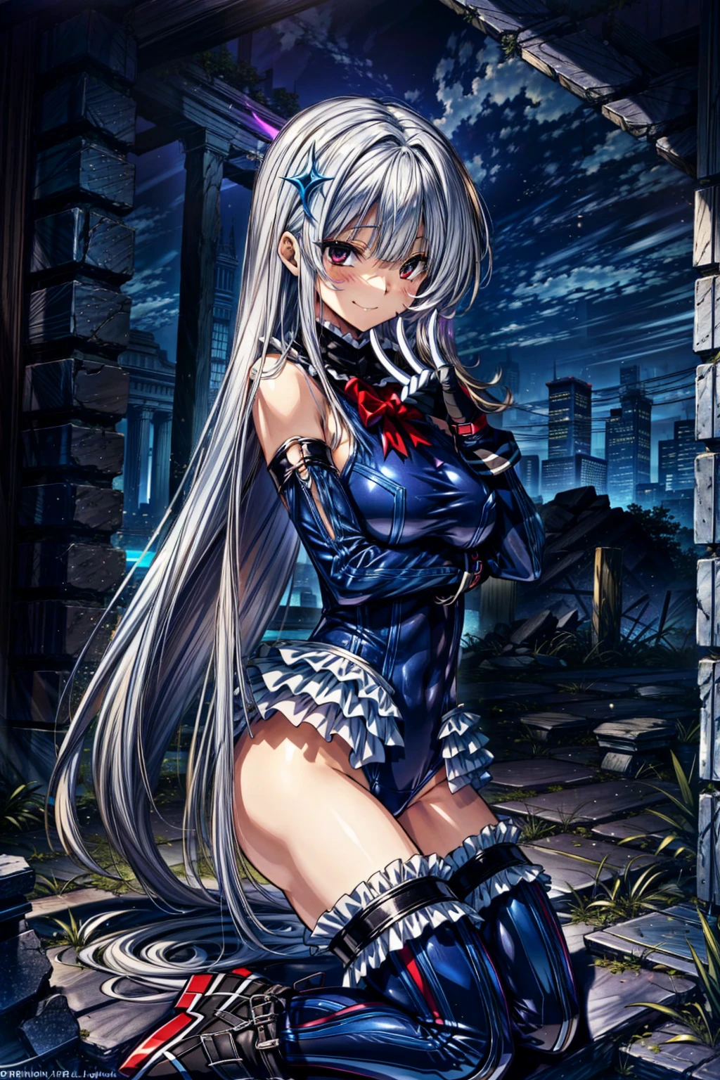 best masterpiece, ultra detailed, best quality, sharp focus, 12K, super high resolution picture, big tits,4K,Perfect Anatomy, highest quality, Rose,Wicked Smile,Provocative attitude
,(young　Girls greet dawn on a pile of rubble:1.1),Wicked Smile,Anime Style,(White ruffled swimsuit, Knee socks, Removed sleeve), (Anime Style:1.4) ,
Silver Hair,(White fingers:1.1,Black gloves),Very long hair,Evil Aura,(From below),Place your hands on your hips,Hypno Lola、
Hollow Eyes
