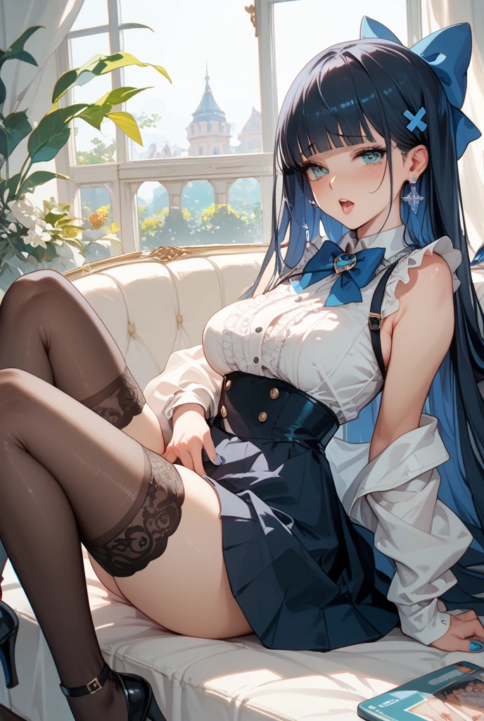 anime girl sitting on a couch with headphones on, seductive anime girl, beautiful anime girl, beautiful anime girl squatting, cute anime girl, pretty anime girl, anime style 8k, panties showing,
