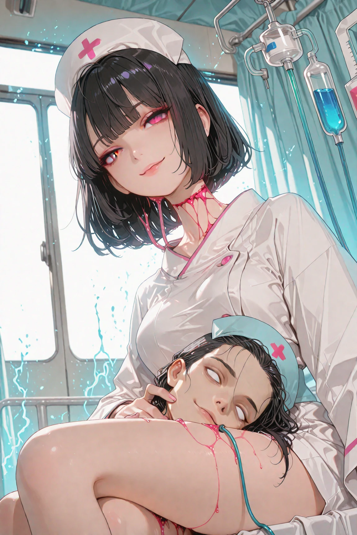 masterpiece, best quality,anime style, 1 girl,(((slender body))), (((small eyes,small breast,breast milk,breastfeeding a baby))),(((nurse uniform,glasses))),((((cum)))), (beautiful face), (((short hair))), (((straight hair))), ((((((black hair,normal human hair,normal human ear)))))),detailed beautiful skin, (perfect hands, perfect anatomy)
