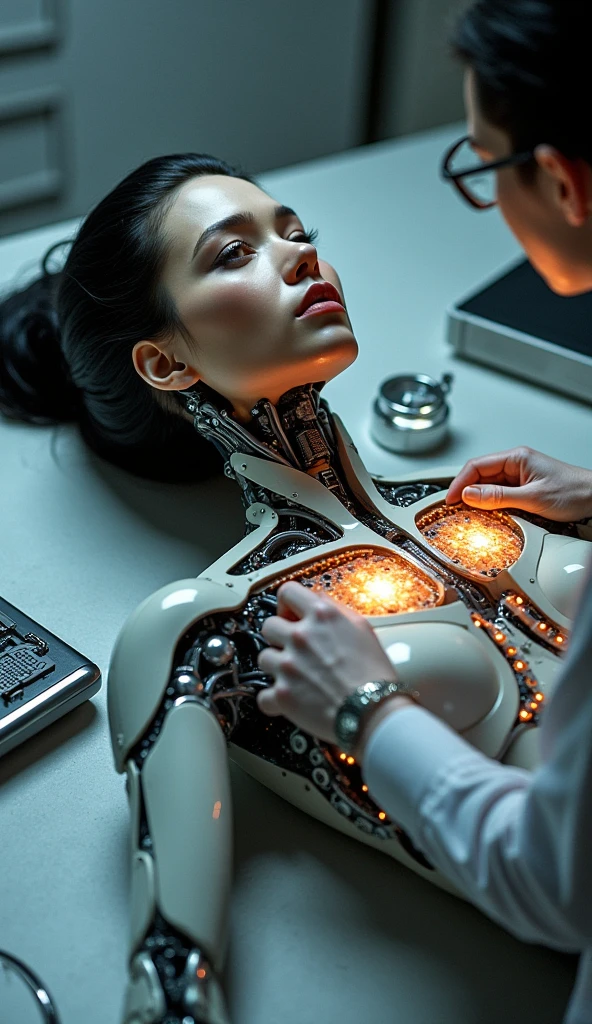 Draw a cyborg with real organs connected via cables to a nucleus