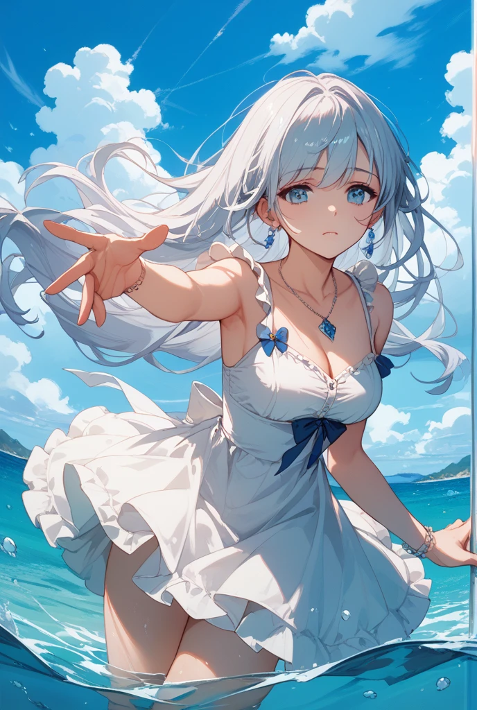 fantasy, (upper body:1.2), (from below:1.3), 191971 dress, backless dress, (long dress:1.2), very long hair, breasts, bare shoulders, sky, ocean, water, looking at viewer, italian, head tilt, wind, cloud, sunlight, outdoor, 1girl, solo, BREAK,