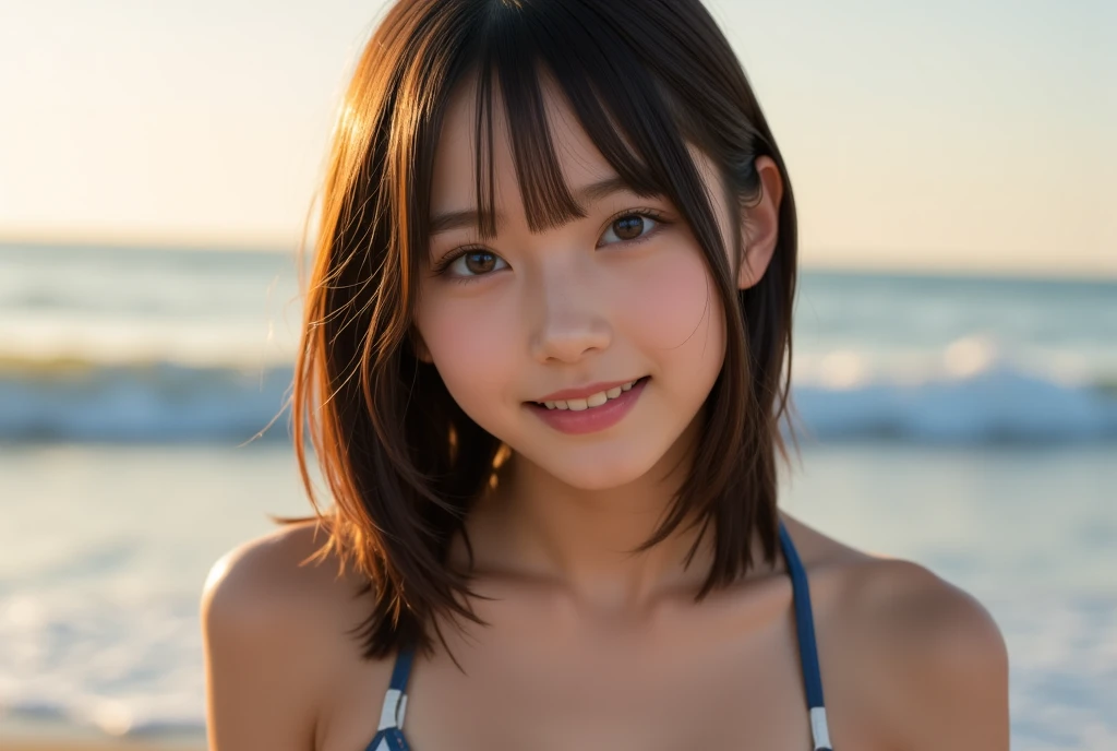 beach, sunset, soft lighting, closeup portrait photo of a cute idol in a swimsuit, playful pose, smiling, vibrant colors, photorealistic, high detail