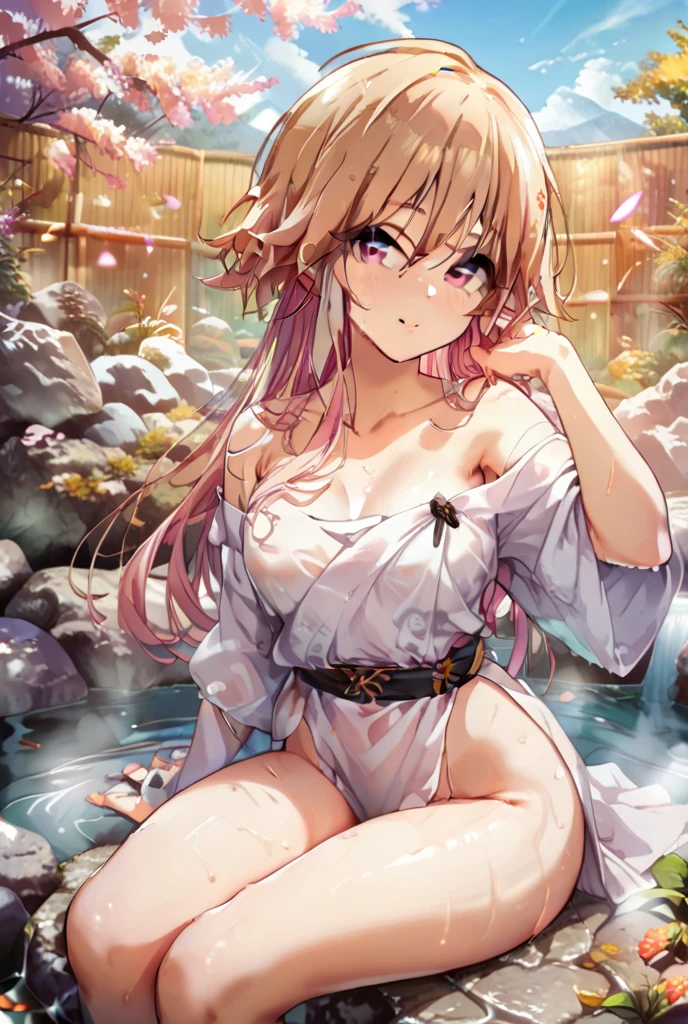 BREAK (masterpiece:1.2), best quality, high resolution, unity 8k wallpaper, (illustration:0.8), (beautiful detailed eyes:1.6), extremely detailed face, perfect lighting, extremely detailed CG, (perfect hands, perfect anatomy),onsen,hot springs,night,outdoor,moon,starfall,power_csm
blonde hair, yellow eyes, cross-shaped pupils, symbol-shaped pupils, red horns, sharp teeth,japanese dress,yukata,bathrobe,kimano,cleavege,neckline,choker,lace bra,nipples,from above,bend over.