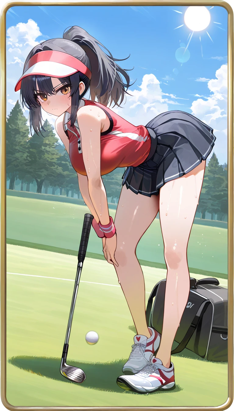 (beautiful girl : 1.3),1 girl,(golf wear to hold a club,pleated skirt,Wristband,sneakers,sun visor,golf club),dark haired,ponytail,serious expression,sweat,Standing,golf clubを振り上げる,golf ball,golf carry bag,golf course,Blue Sky,cloud,dynamic angle,masterpiece,top quality,Rich Contrasts,High Definition,8k,High Definition CG Unit Wallpaper,Textures,unbelievably absurd,RAW pictures,Deep Border 1 .2,very detailed