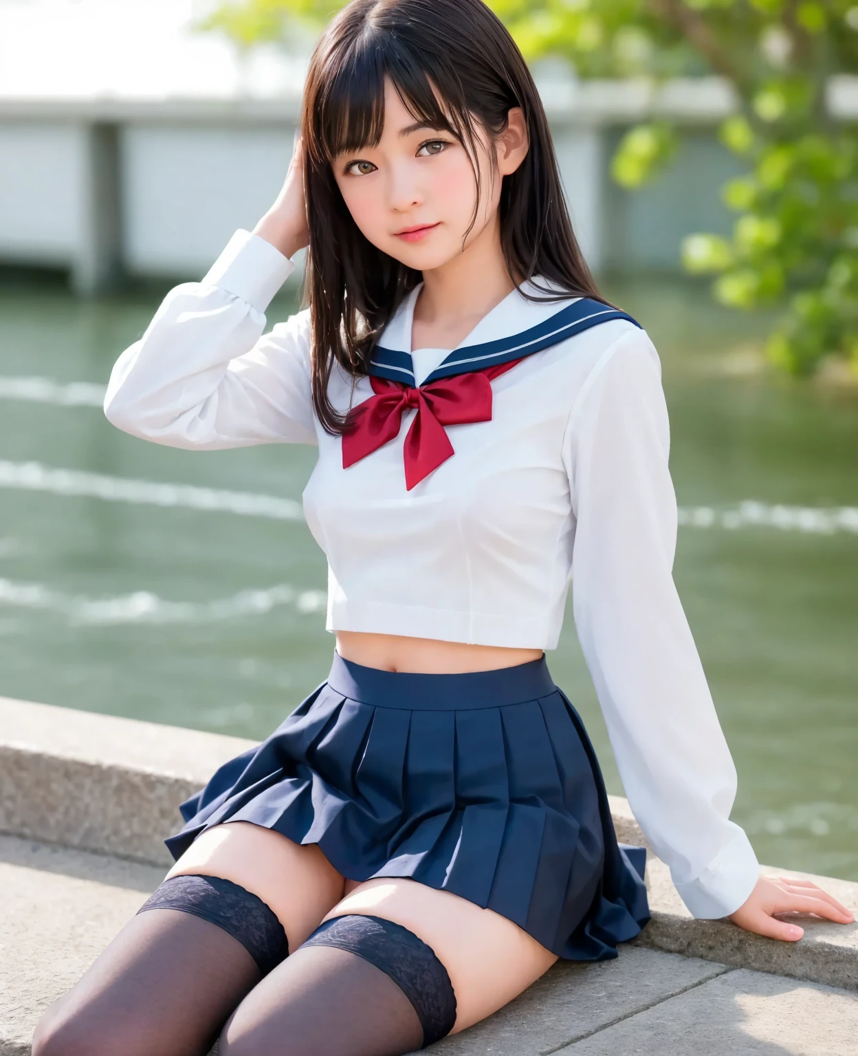 (Photo_\\(Medium\\):1.2), 1girl in, (Photorealsitic:1.2), hyper realisitic, photorealisim, a closeup, Raw feet, A dark-haired, bobhair, bangss, Black eyes, steampunc, a sailor suit, , hi-school girl, kawaii, goose bumps, Ultra mini skirt, Dark blue pleated skirt, Heavy snow falls on the snowy mountain,a backdrop of, Ephemeral, Full body, is standing, Injured leg, Goosebumps on my arms, Goosebumps on my feet, Super beautiful legs, depth of fields, in 8K, VFX, nffsw, Very slender girl, Very short socks, Tri-fold white socks, Very short sleeves, Cute, bruised, Short sleeves even in winter, a beauty girl, Idol, Dangerous shooting, Y2K、((Sexy panties in full view:1.05))、((Spread your legs wide:1.45))