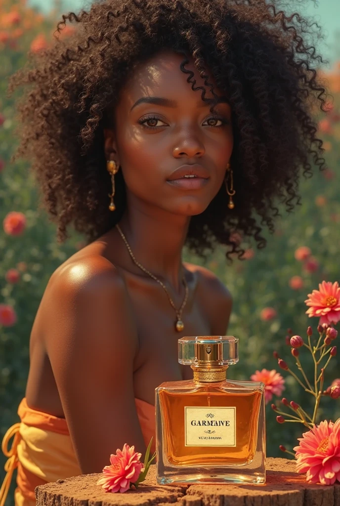 a beautiful ebony-skinned woman, holding a perfume bottle, soft natural lighting, simple blurred background, natural hair and subtle makeup, delicate perfume bottle design, vivid colors, lifelike details, realistic and unpolished, elegant and authentic, (best quality,4k,8k,highres,masterpiece:1.2),ultra-detailed,(realistic,photorealistic,photo-realistic:1.37),portrait,natural setting,warm atmosphere,bokeh background