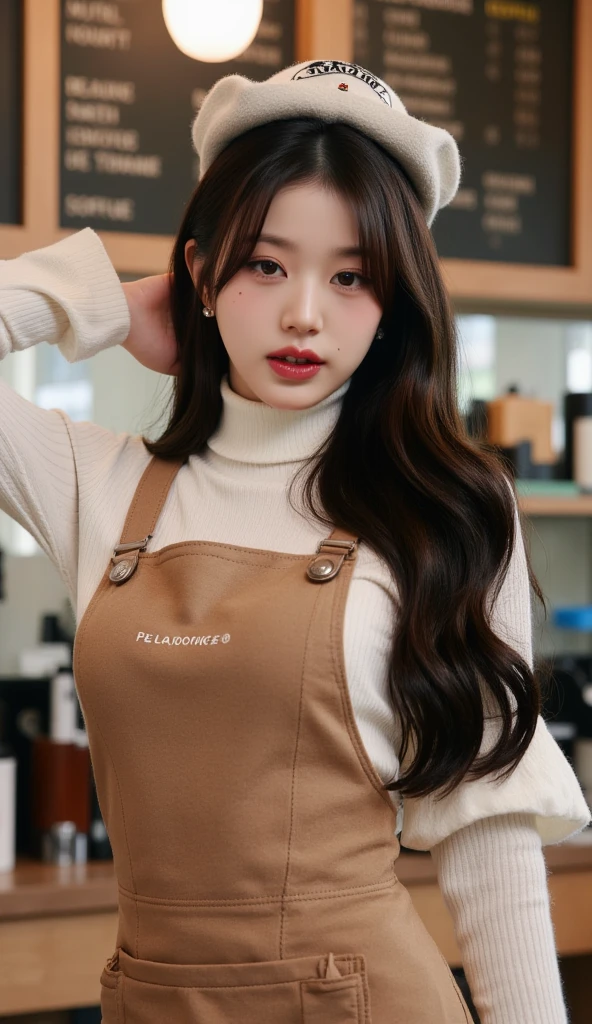 18 year old barista, makeup, gorgeous, very long straight hair, standing in a cafe