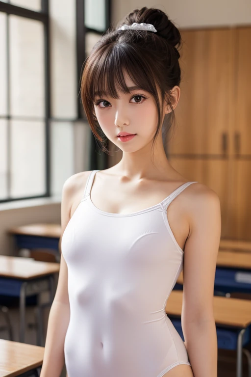 masterpiece、Highest quality、One Girl, classroom, Light grey sports leotard,17 years old, bangs, A small smile, Thighs, knees, Shortcuts, Low Ponytail, From below, Front light、(High leg is fine too)