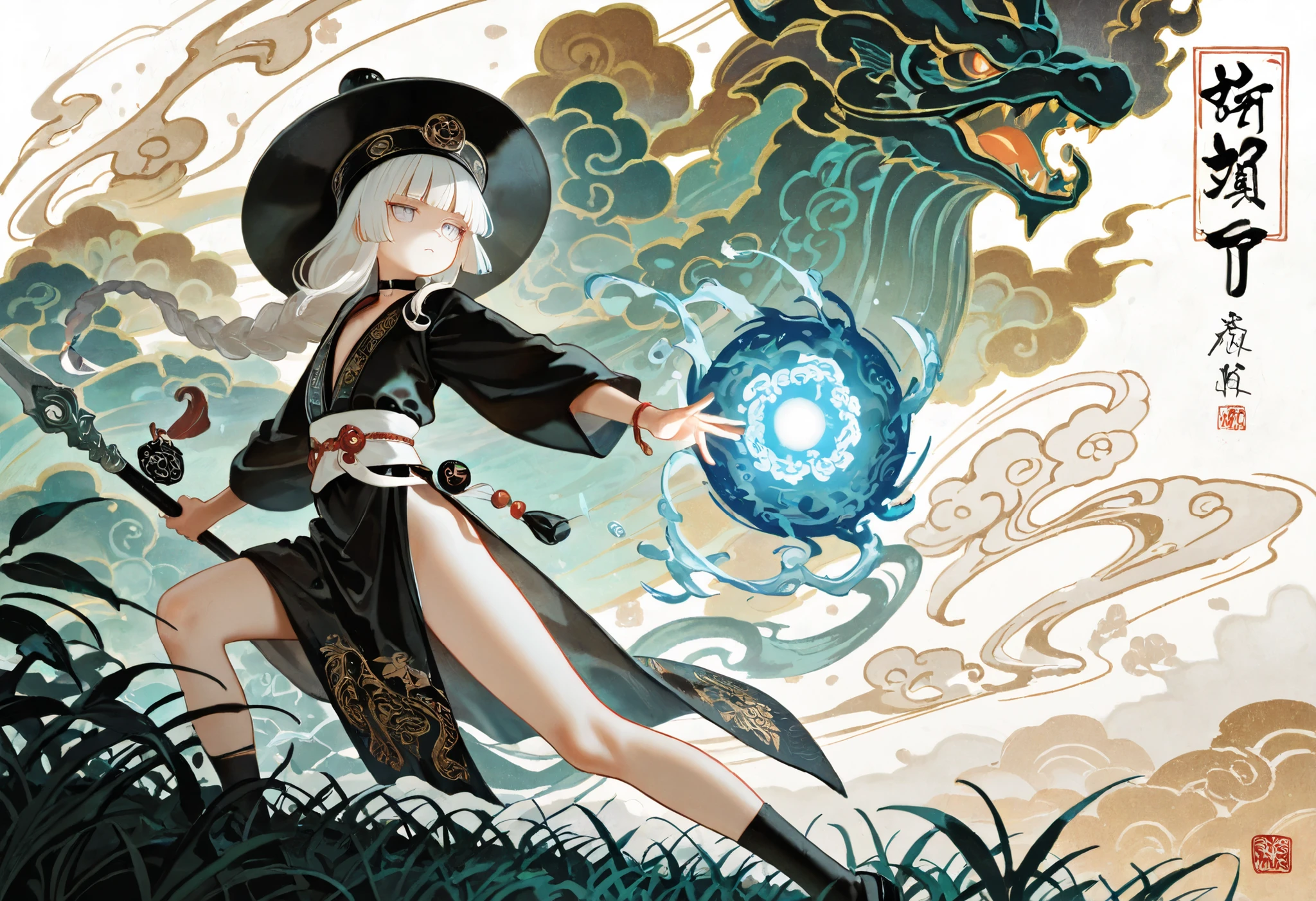 1girl, light lavender eyes, jitome, white Hair, blunt bangs, hime cut, small chest, big hat, black clothes, high waist, long Side slit skirt, Choker, bare legs, socks, black nails, flower pattern, masterpiece, best quality, Perfect details, perfect composition, Perfect face, Perfect hand, absurdres, newest, very aesthetic, amazing quality, highres, film grain, Focus on the character, Cinematic, dramatic, Magnificent, cute expression, doremi, hwansang, mx2j, floating mechanic, silver and Jade decoration, killer, noir theme, wind, Substantiated wind effects are wrapped around, Avalokiteśvara, Buddhist motif, holy, Eight Trigrams, Bagua, liquid ink dragon floats around, Long braided knot decoration, black lotus, Flowing liquid golden ink, golden energy, oriental martial arts, taoist, grand master, black birds, shadow fog raven, Fu Talisman, Taoist charm, black fog summon, white background, oriental ink painting, ukiyo-e, light effect, Liberation, transcendence, splash art, powerful, Plant ability, flower, leaf, vine, Energy sphere, green, grass, oriental Imperial Guard, spear, white and blue theme, Yin and Yang, long Flagpole