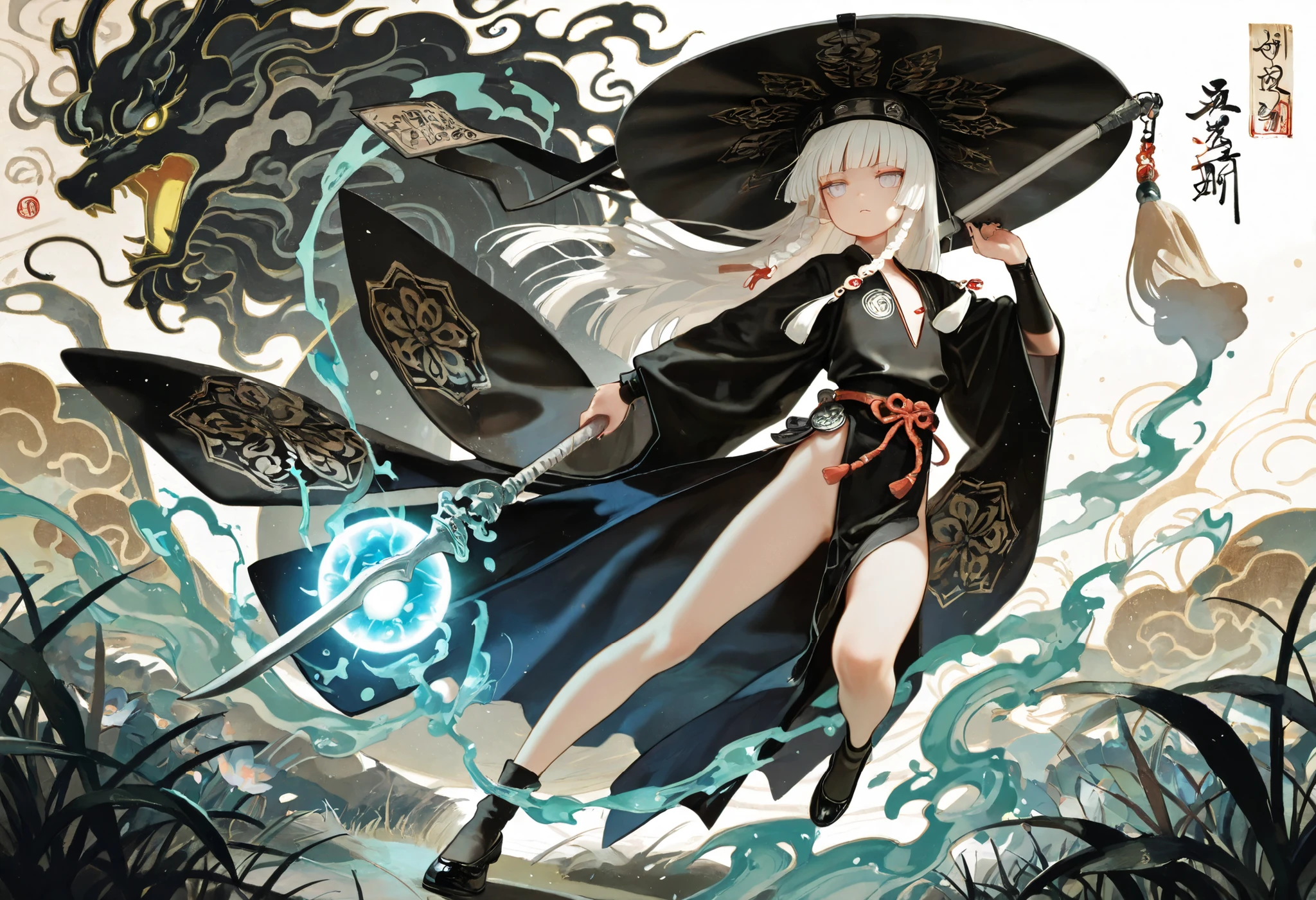 1girl, light lavender eyes, jitome, white Hair, blunt bangs, hime cut, small chest, big hat, black clothes, high waist, long Side slit skirt, Choker, bare legs, socks, black nails, flower pattern, masterpiece, best quality, Perfect details, perfect composition, Perfect face, Perfect hand, absurdres, newest, very aesthetic, amazing quality, highres, film grain, Focus on the character, Cinematic, dramatic, Magnificent, cute expression, doremi, hwansang, mx2j, floating mechanic, silver and Jade decoration, killer, noir theme, wind, Substantiated wind effects are wrapped around, Avalokiteśvara, Buddhist motif, holy, Eight Trigrams, Bagua, liquid ink dragon floats around, Long braided knot decoration, black lotus, Flowing liquid golden ink, golden energy, oriental martial arts, taoist, grand master, black birds, shadow fog raven, Fu Talisman, Taoist charm, black fog summon, white background, oriental ink painting, ukiyo-e, light effect, Liberation, transcendence, splash art, powerful, Plant ability, flower, leaf, vine, Energy sphere, green, grass, oriental Imperial Guard, spear, white and blue theme, Yin and Yang, long Flagpole