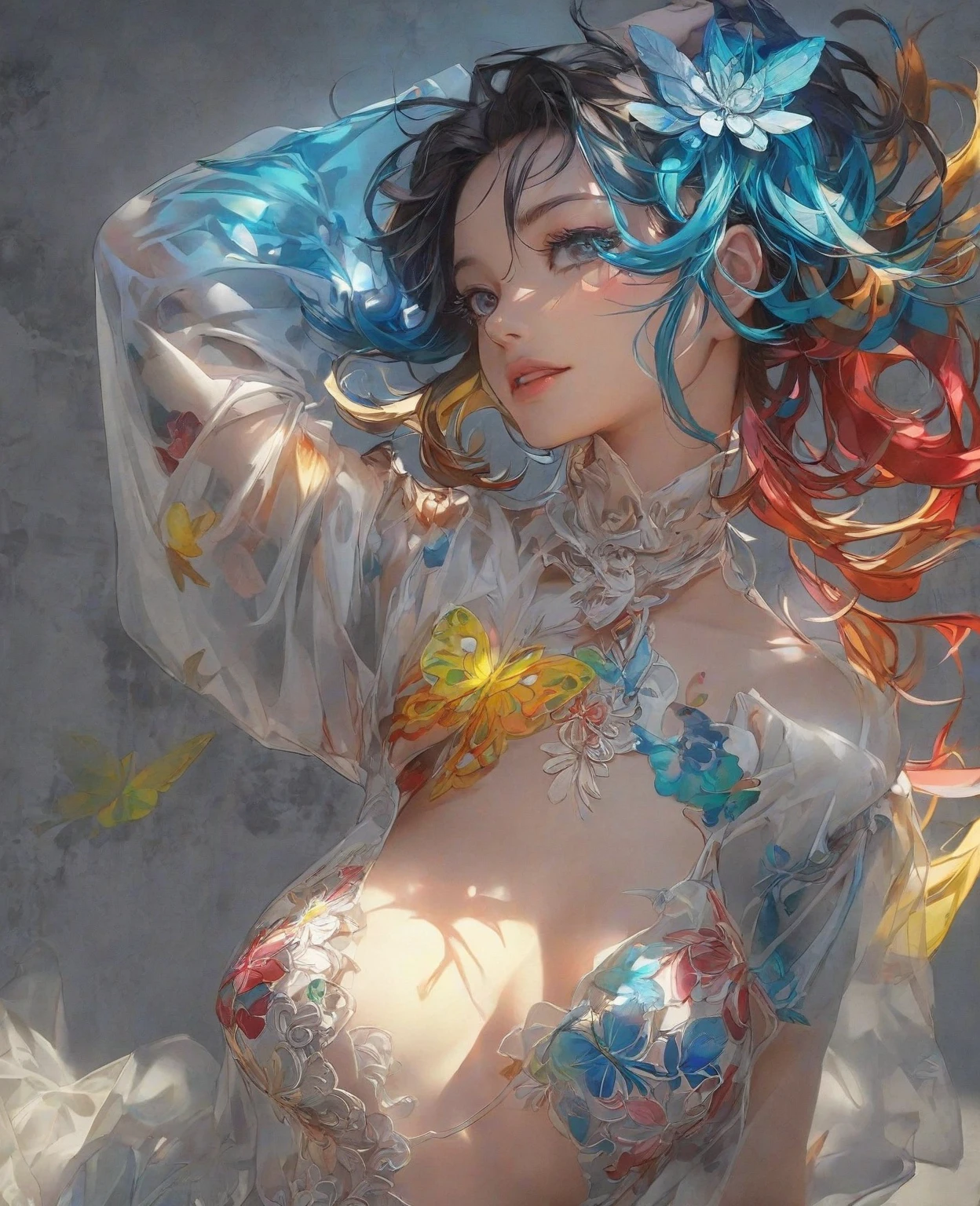 top-quality、Masterpiece、Wearing transparent gauze、Colorful、colourfull、Exposed shoulders and buttocks、Glossy skin、Supreme Art、Official Art,  Naked,  Pussy and Big Tits