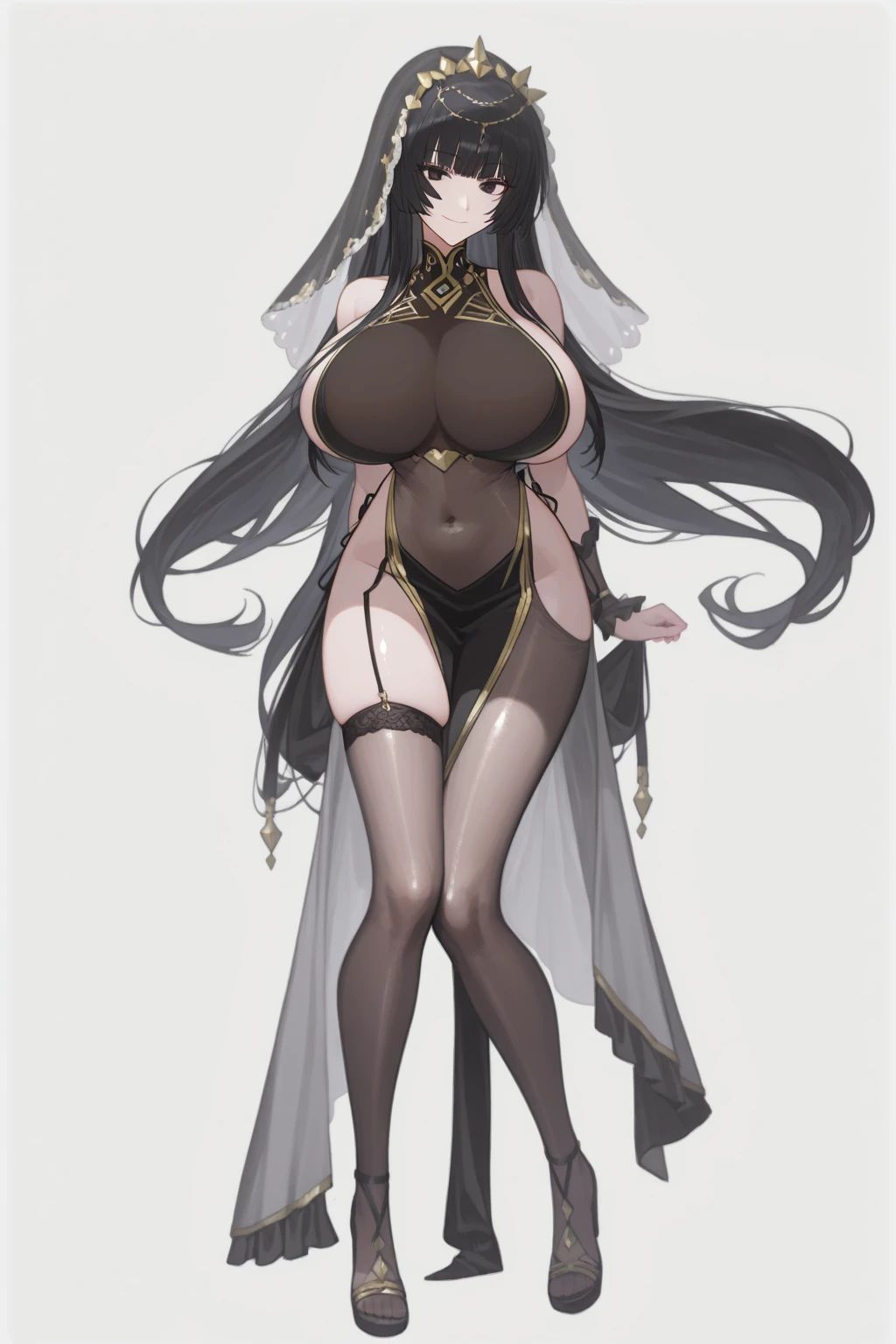 [a handsome, sexy mature woman with a seductive smile and parted lips stands against a white background. darkskin, She has sharp eyelashes, eyes browns, and long black hair with bangs. His figure is voluptuous, with a narrow waist, Broad Hips, and huge breasts. The image has an impact, Genshin-inspired style, rendered in high detail and HDR quality as a stunning work of art.]