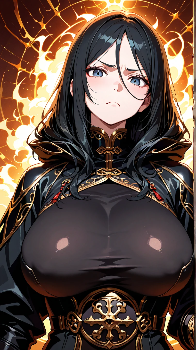 professional artwork, Intricate Details, field of view, sharp focus, detailed painting, photorealistic lighting, trending on pixiv, Standing at attention, black outfit ,yellow collared shirt,black and red bodysuit,skin_tight,black legwear, black pantyhose, Side_boob, black hair,very long hair, Bangs,yellow eyes,makeup, lipstick, 20yo,mature female,Beautiful Finger,Beautiful long legs,Beautiful body,Beautiful Nose,Beautiful character design, perfect eyes detail, perfect face, looking at viewer, NSFW,official art,extremely detailed CG unity 8k wallpaper, perfect lighting,Colorful, Bright_Front_face_Lighting, (masterpiece:1.0),(best_quality:1.0), ultra high res,ultra-detailed, hyperdetailed, photography, 8K, HDR, highres, absurdres:1.2, Kodak portra 400, film grain, blurry background, bokeh:1.2, lens flare, (vibrant_color:1.2) (Beautiful,large_Breasts:1.4), (beautiful_face:1.5),(narrow_waist), (solo:1.4), ((upper body, half body shot:1.4)), annerose:1, classroom, blushing shy, looking at viewer, praying hands