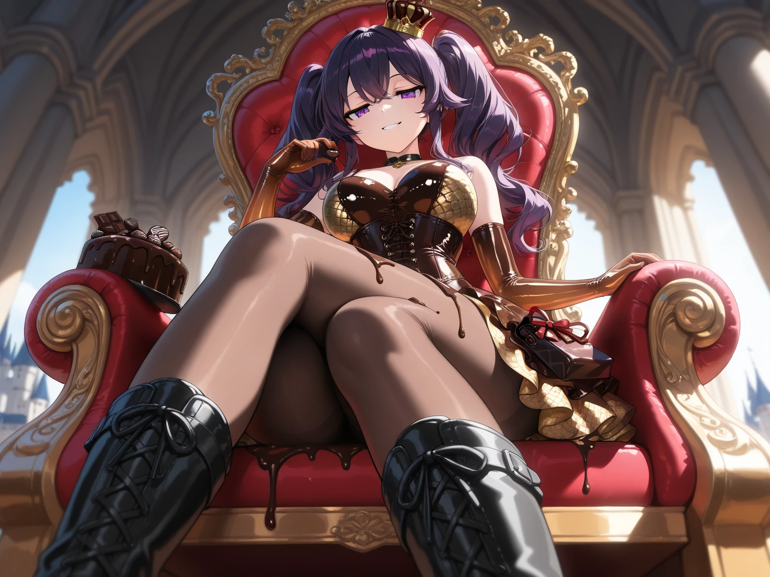 ((best quality)), ((masterpiece)), (detailed), perfect face, solo, alone, masterpiece, wagashi, tokoyami towa, purple hair, medium hair, twin drill hair, gold eyes, pointy ears, sidelocks, hair ribbon, latex top, heart cutout, skirt, black boots, ((big breasts)), cleavage, smug, smirk, ((mesugaki expression)), (fangs, sharp teeth), succubus horns, small horns, from below, sitting on throne, arms down, feet in view