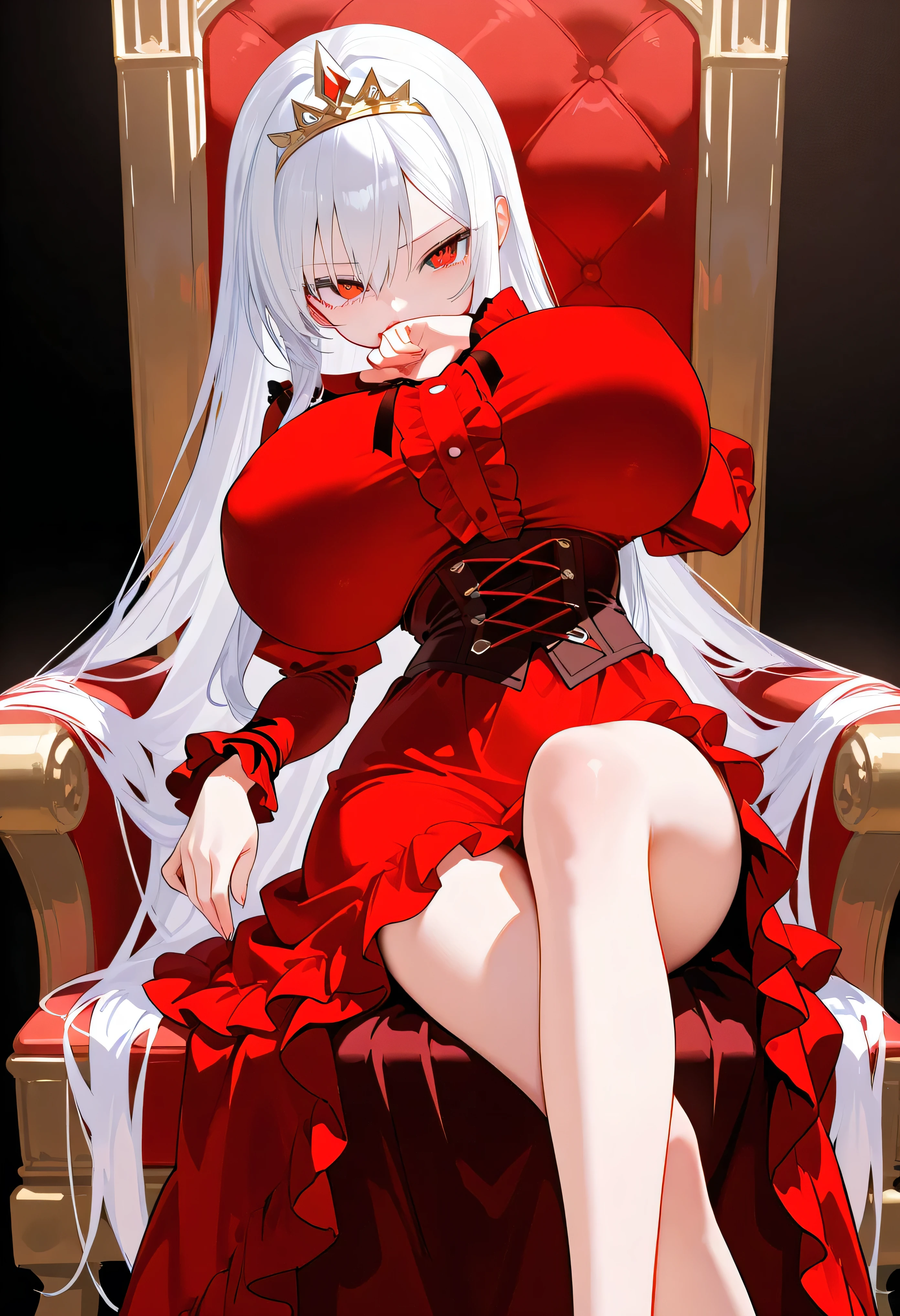 (vampiric)((Gray hair))(fang)(red eyes eyes)(((Poor milk)))((chiquita))(Dressed in a fuchsia Lolita costume)(Childish)(Sinister smile)Obediently sat on the throne,listless,Ignorant and understanding,((The characters are very delicate))There is flesh and blood in the background,The feeling of the Meat Forest Wine Pool Tentacles stretch out from both sides of the throne,Behind him is a bloody red Cthulhu monster,Kids kids, kids, kids!Poor milk, poor milk, poor milk, poor milk!