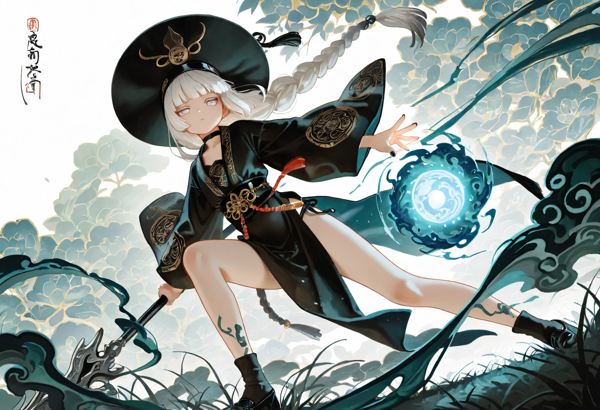 1girl, light lavender eyes, jitome, white Hair, blunt bangs, hime cut, small chest, big hat, black clothes, high waist, long Side slit skirt, Choker, bare legs, socks, black nails, flower pattern, masterpiece, best quality, Perfect details, perfect composition, Perfect face, Perfect hand, absurdres, newest, very aesthetic, amazing quality, highres, film grain, Focus on the character, Cinematic, dramatic, Magnificent, cute expression, doremi, hwansang, mx2j, floating mechanic, silver and Jade decoration, killer, noir theme, wind, Substantiated wind effects are wrapped around, Avalokiteśvara, Buddhist motif, holy, Eight Trigrams, Bagua, liquid ink dragon floats around, Long braided knot decoration, black lotus, Flowing liquid golden ink, golden energy, oriental martial arts, taoist, grand master, black birds, shadow fog raven, Fu Talisman, Taoist charm, black fog summon, white background, oriental ink painting, ukiyo-e, light effect, Liberation, transcendence, splash art, powerful, Plant ability, flower, leaf, vine, Energy sphere, green, grass, white and blue theme, ice and fire, Yin and Yang, long Flagpole
