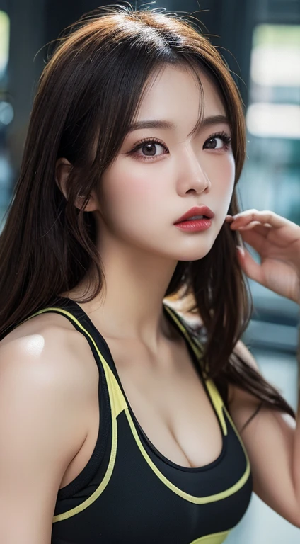 (yinchuan:1.5),, masterpiece, top-quality, Raw foto, Photorealsitic, large full breasts、beautiful and flawless face, Soft smile、20 years girl、training gym、Red Workout Wear、Navel reveals appearance、short-hair、depth of fields, hight resolution, ultra-detailliert, finely detail, ighly detailed, extremely detailed eye and face, Sharp pupils, Realistic pupils,