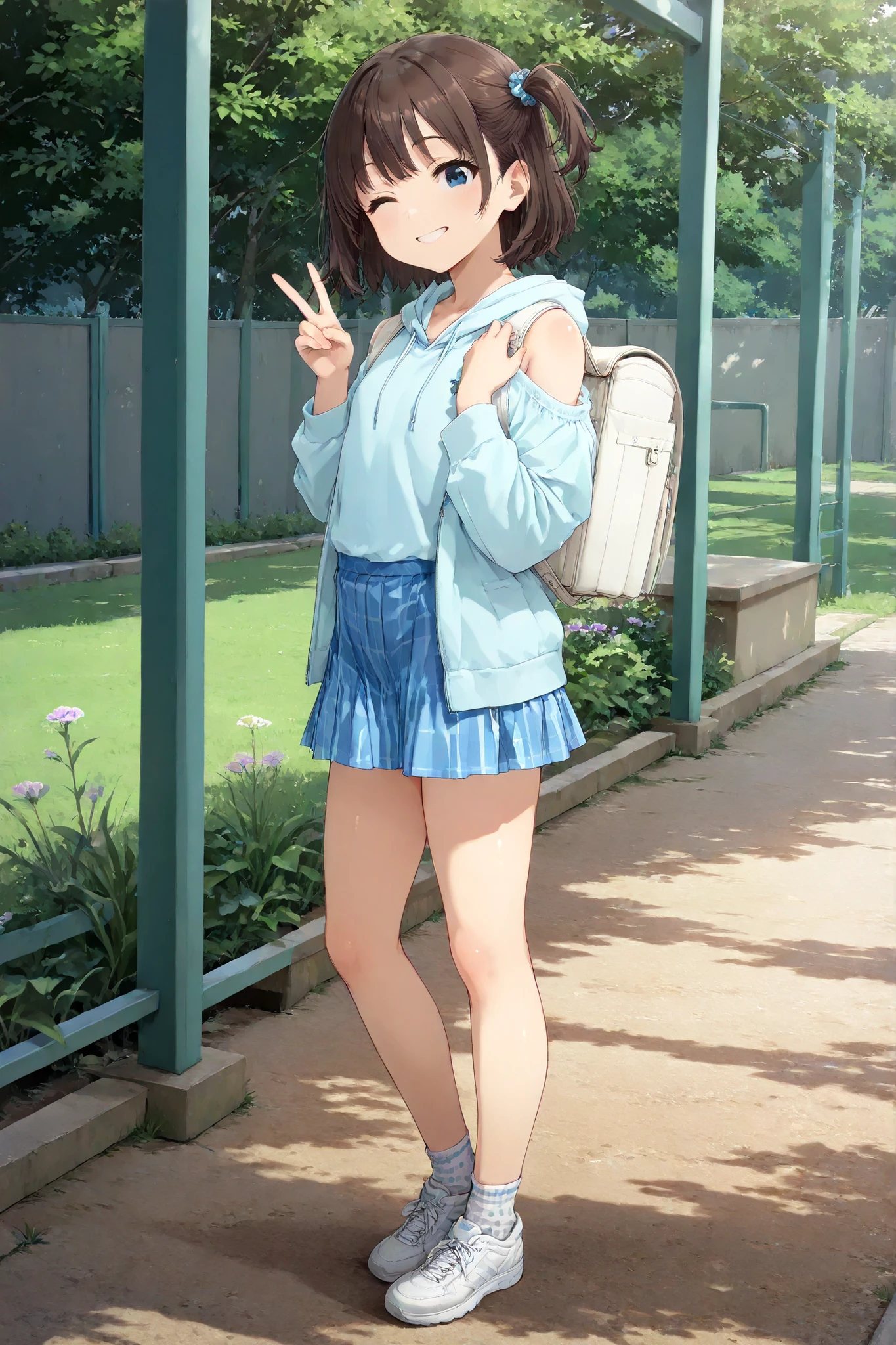 super high resolution, 8k, masterpiece, top quality, Ultra Technical Aesthetic Art, Highly Detailed CG Unity 8K Wallpaper, Anatomically Modified Human Body, young woman, Hair with One Side Up, Shiny Brown Hair , A little slim build, very detailed beautiful face and eyes, highly detailed beautiful skin, smile, one closed eye , v, V sign beside closed eyes、rimless, Beautiful legs, light ブルー color front opened hoodie, cutaway shoulder, Vertical blue and white striped skirt, Dotted Socks on Black, wear white sneakers, White backpack with blue edges, Outdoors, School gate, Grass, trees, flower,(full body portrait),((Glamorous body shape)), solo, standing, in a natural standing position, perfect lighting,