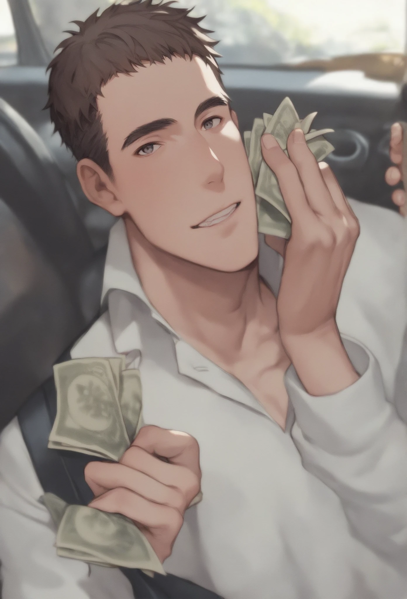 best quality, masterpiece, hyper realistic, extremely detailed, pov from videocam viewfinder, car backseat, gay, homoerotic, extremely handsome tattooed man, licks another man's penis, dripping precum, he holds money, annoyed face, dark cinematic lighting, extremely dramatic shadows, perfect fingers, perfect hands, perfect face, perfection, no signature, no logo