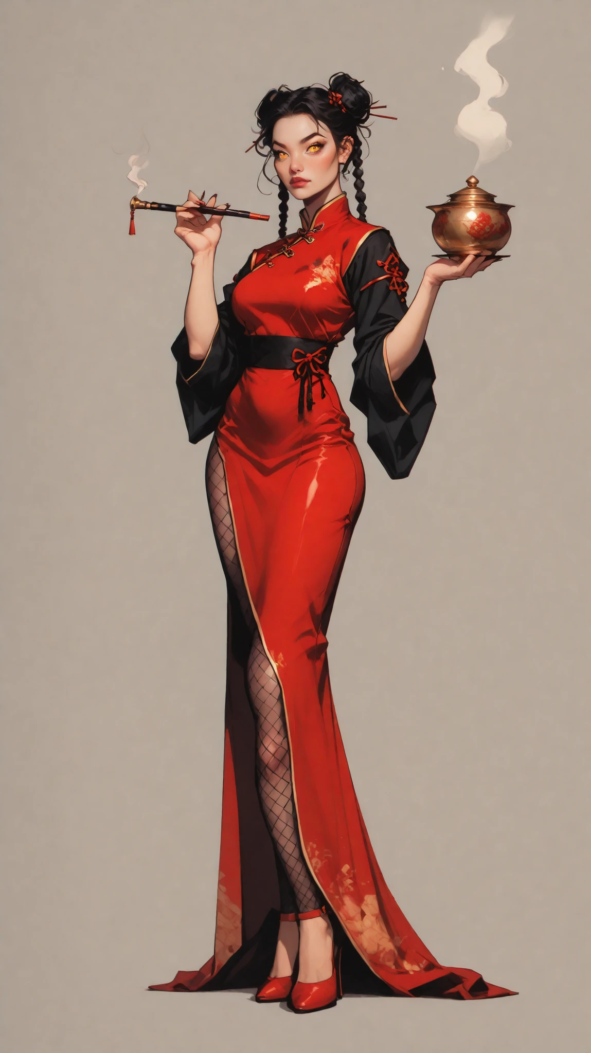 A beautiful, realistic portrait of Anna Williams from the Tekken game, wearing a red long qipao with a flower pattern, flower patterned pantyhose, short brunette hair, and elbow gloves, fit muscular body:1.2 with small breasts, wide curvy hips with big ass, fit thighs, (best quality,4k,8k,highres,masterpiece:1.2),ultra-detailed,(realistic,photorealistic,photo-realistic:1.37),HDR,UHD,studio lighting,ultra-fine painting,sharp focus,physically-based rendering,extreme detail description,professional,vivid colors,bokeh,detailed eyes,beautiful detailed lips,extremely detailed eyes and face,long eyelashes,portrait