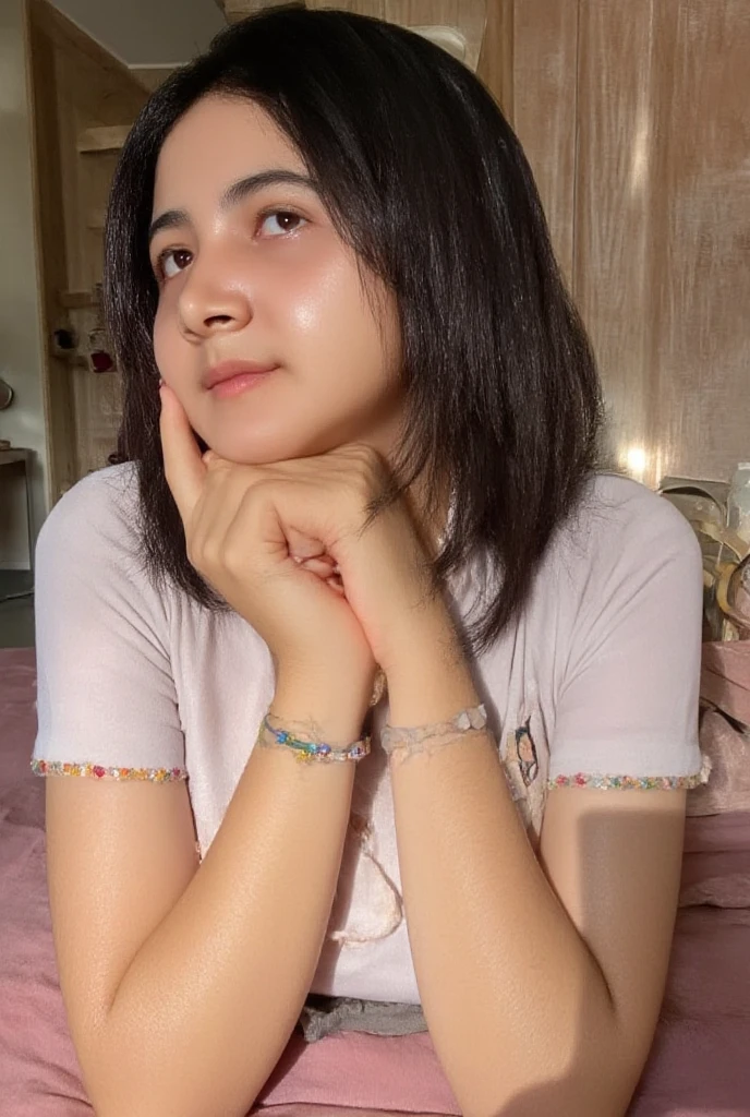 there is a young girl sitting on a couch with a cell phone, with lovely look, cute beautiful, with accurate face, beuatiful face, beautiful cute, very beautiful girl, with kind face, innocent look, cute photo, innocent smile, beutiful face, candid picture, with a beautifull smile, 😃😀😄☺🙃😉😗