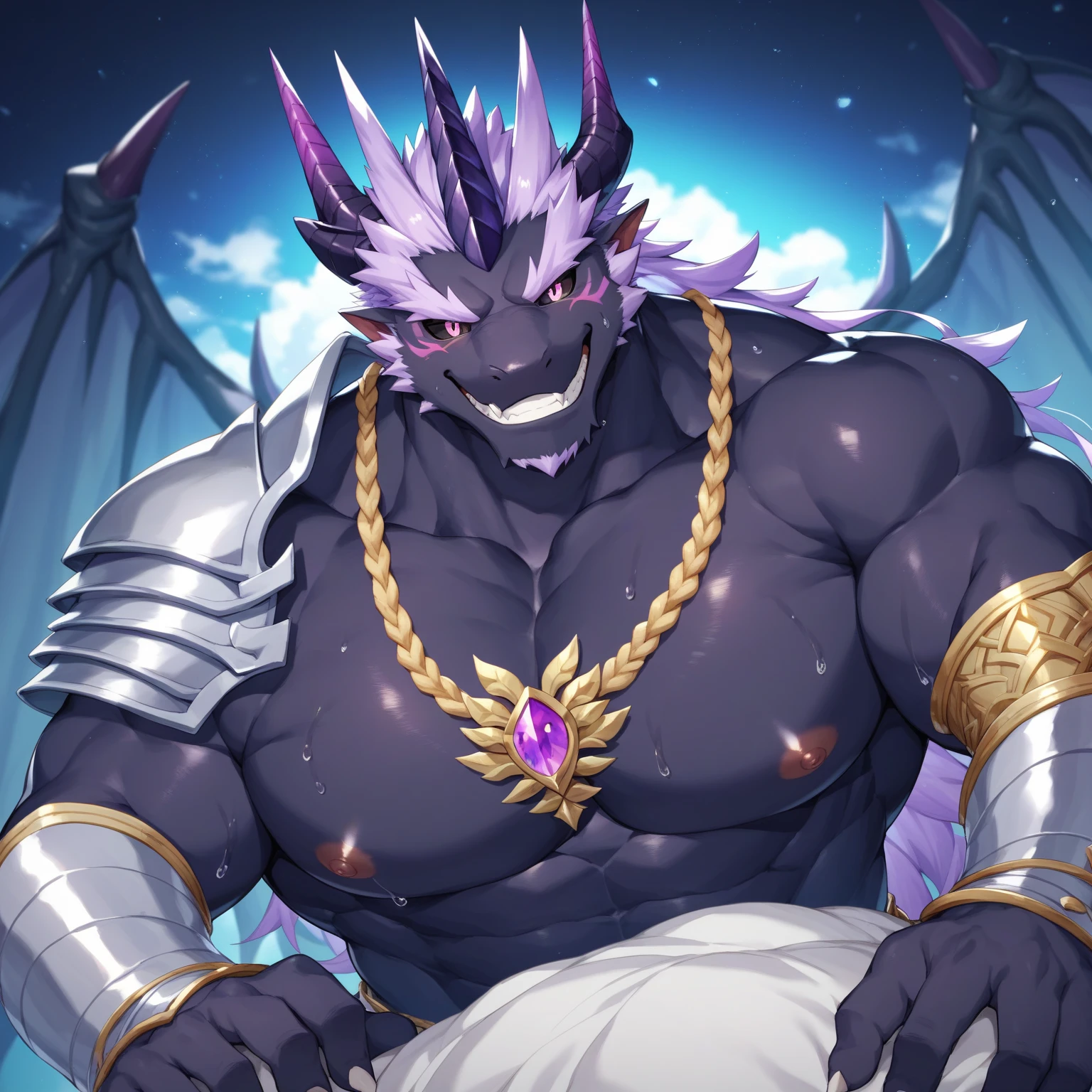 (dragon),( Demon King),majesty,serious,from_below,looking_down,looking_at_screen,(castle),(standing),condescending,(((SFW))),((best eyes)),best face,perfect muscles,Purple fire magic,furry,strong,西方dragon,((((best eyes)))),medieval,(majesty),((night)),(穿着充满majesty),Wears a red jewel around her neck,eyes of the same color,Red pupils
