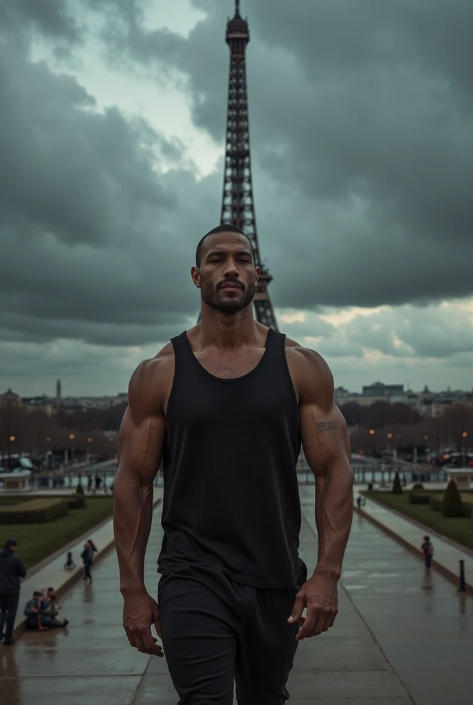 A black Chinese man who is 3 meters tall next to the Eiffel Tower